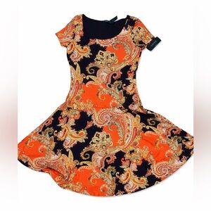 Ralph Lauren Lauren Women’s Paisley Fit & Flare Dress Size M Orange Navy Gold